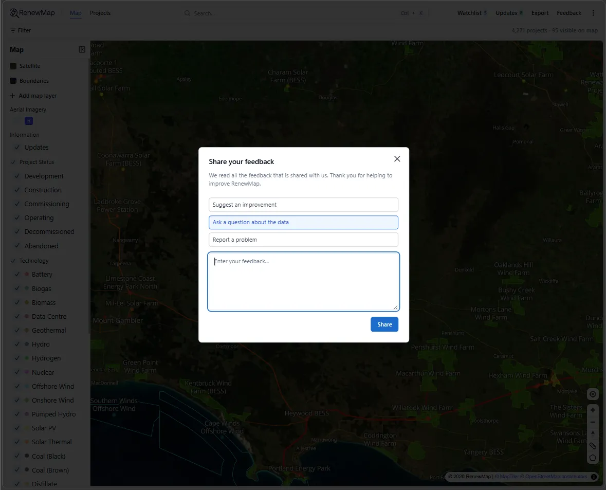 Feedback form in RenewMap top navigation