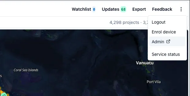 The user access menu in RenewMap
