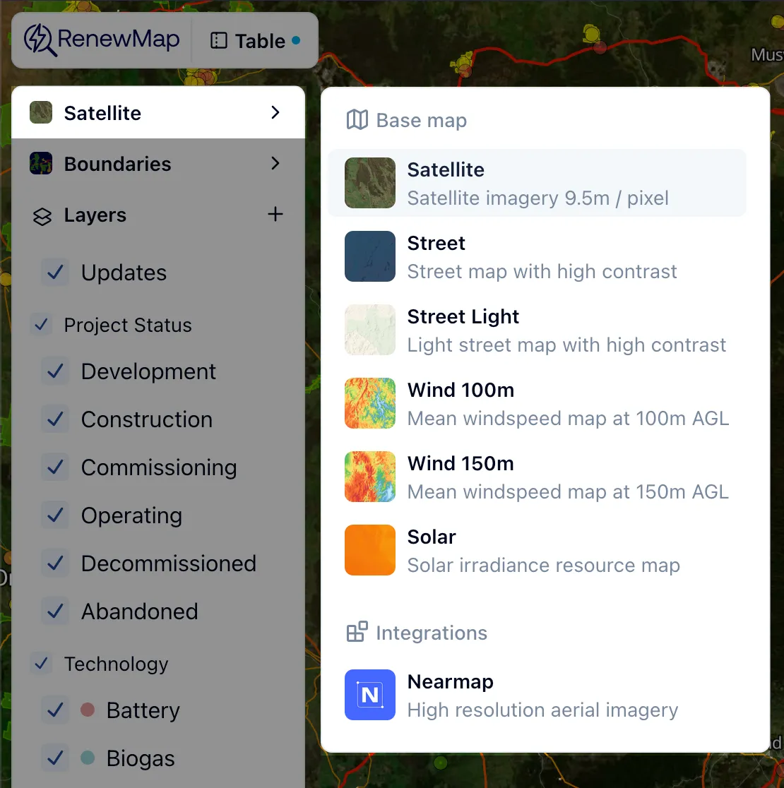 The base map selection interface in RenewMap