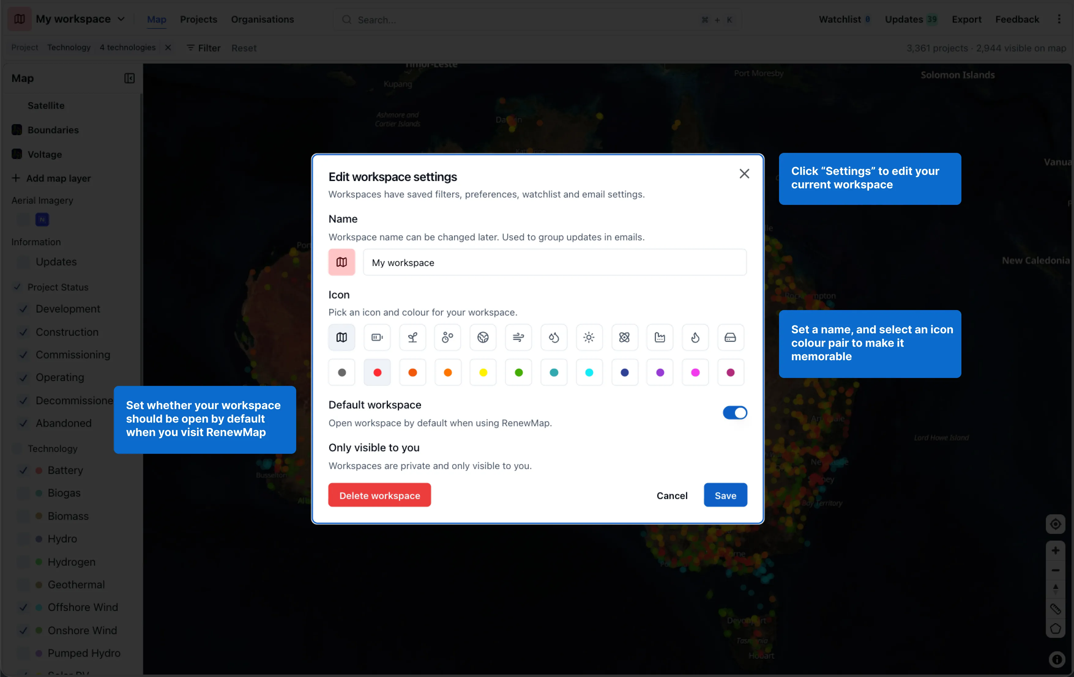 Editing workspace settings in RenewMap