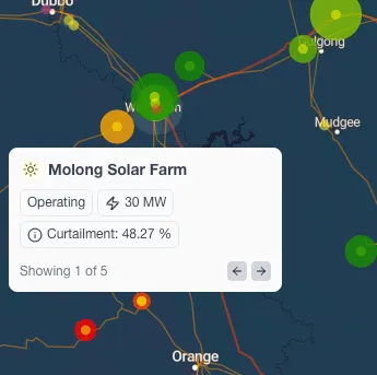 The project tooltip on the map, showing the curtailment percentage