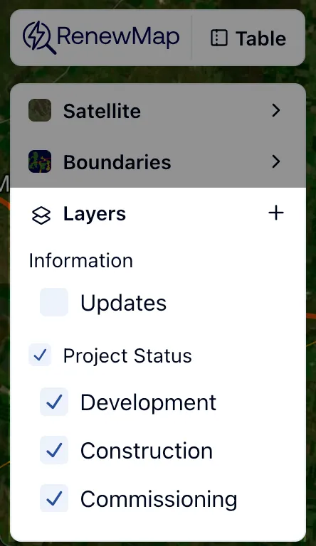 The layer selection interface in RenewMap