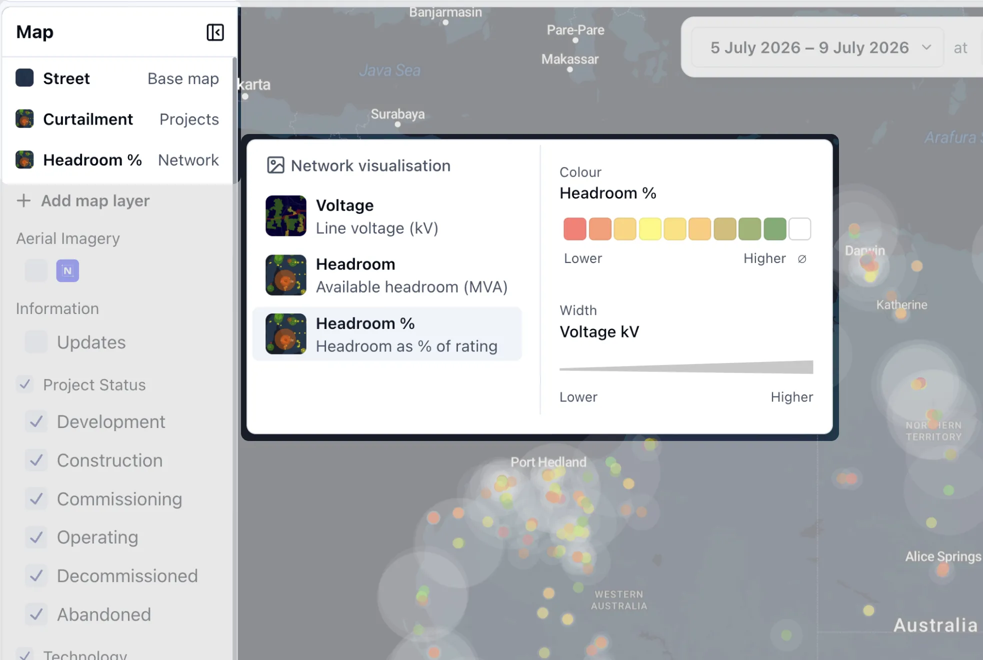 The Headroom visualisation selected for transmission lines on the RenewMap map