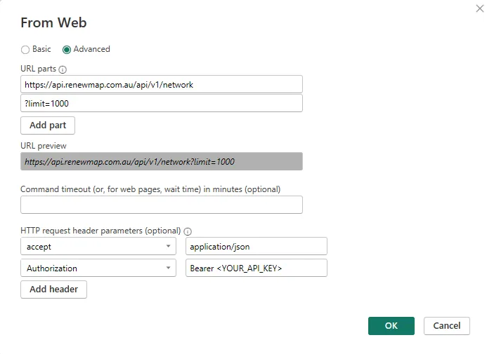 PowerBI configuring a connection to the network infrastructure endpoint