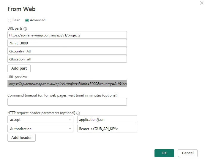 PowerBI configuring a connection to the projects endpoint