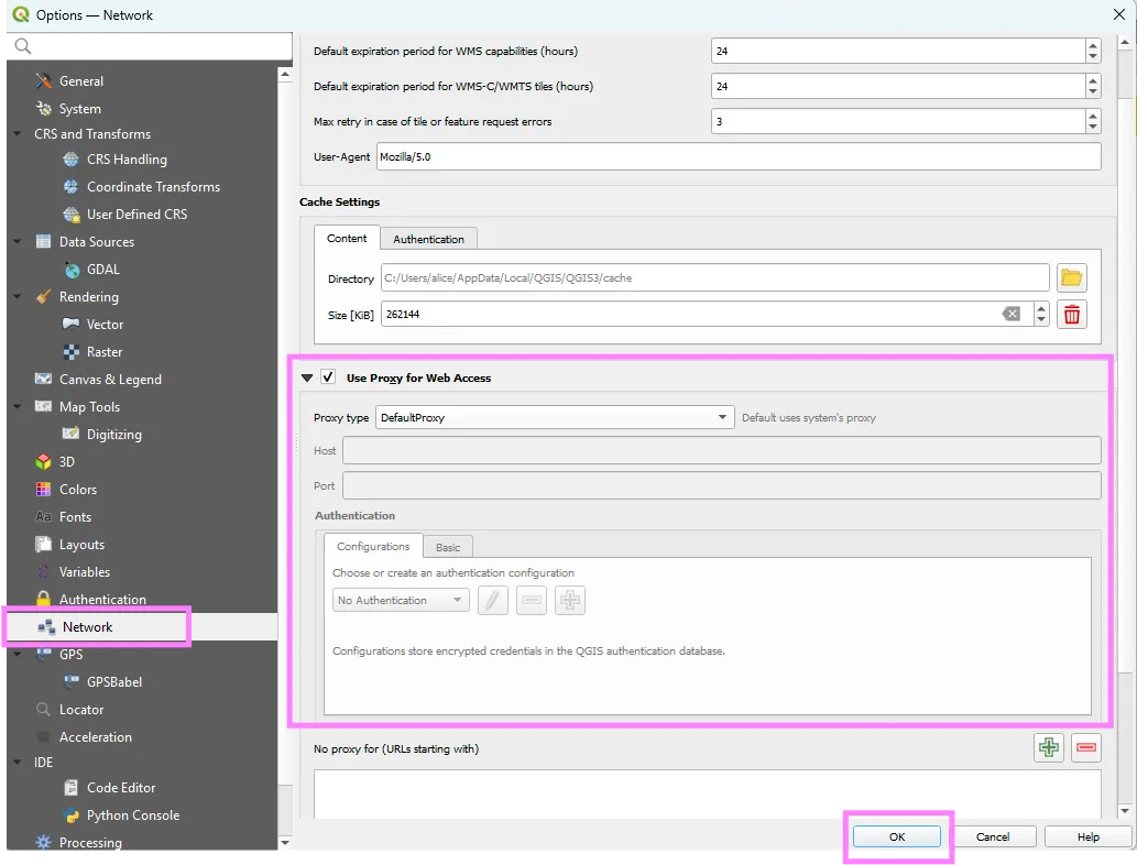 QGIS proxy server config 2