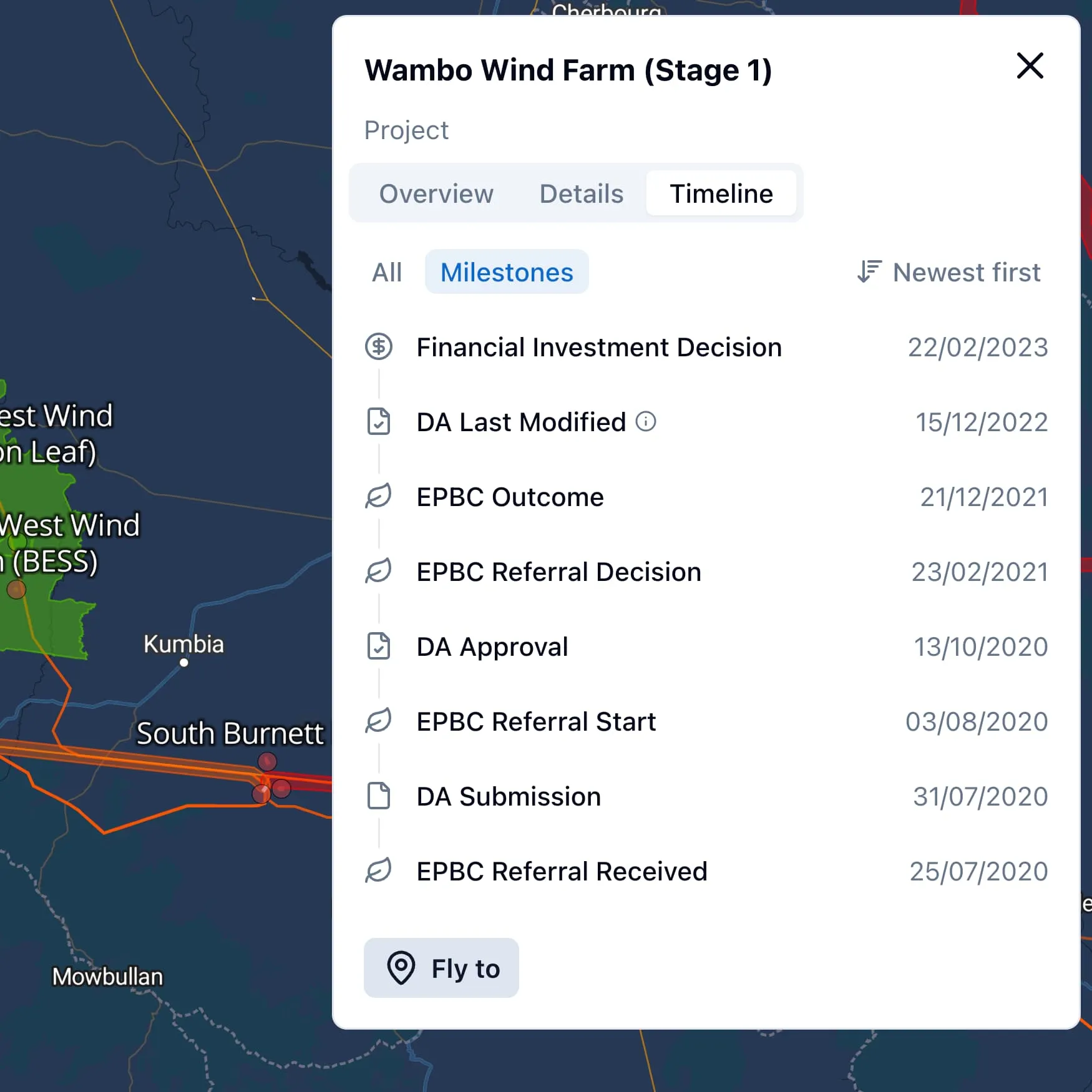 Product project timeline screenshot
